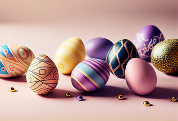 Generative AI illustration of colorful Easter eggs arranged with decorative elements placed against pink background