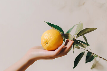 Anonymous hand of a woman picking a lemon. Generative AI