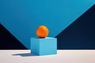 Orange fruit on a blue cube with blue background. Generative AI