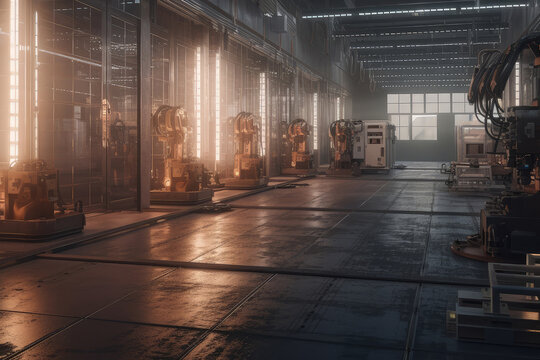 Generative AI illustration interior of illuminated spacious industrial factory warehouse with metal robot machines placed in row