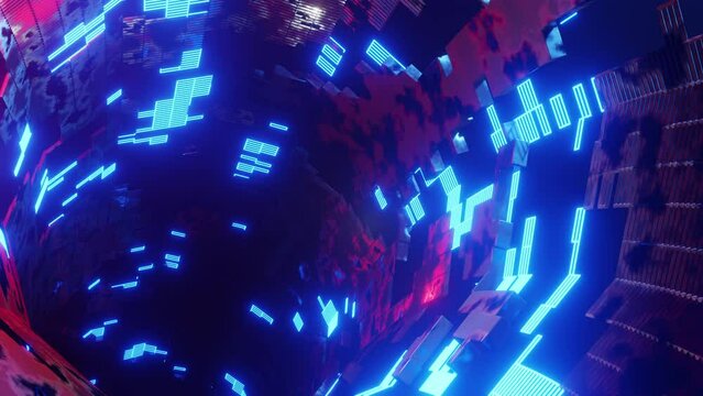 Flying through a fantasy tunnel with the flickering light of a VJ loop 3d render. Concept for disco club and music festival