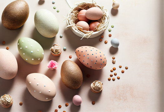 Generative AI illustration top view of Easter eggs arranged in composition with various decorations placed against beige background