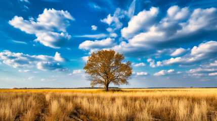 Fototapeta premium A serene and calming scene featuring a solitary tree amidst golden fields under a cloud-speckled sky