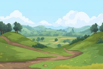 grassy fields with a road running through them, all set against a cloudy blue sky. Generative AI