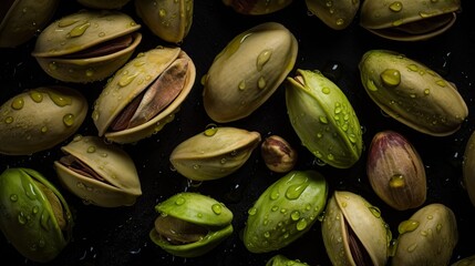 pistachio nut background with water drops. Close up