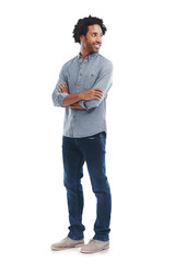 Man, thinking and idea with arms crossed isolated on a transparent, png background. Confident black...