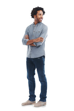 Man, thinking and idea with arms crossed isolated on a transparent, png background. Confident black male model with a smile, cool attitude or mindset and alpha channel for fashion style advertising