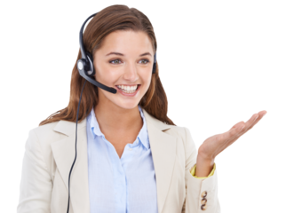 Woman, call center consultant and smile isolated on png or transparent background, CRM and contact us. Customer service agent, telemarketing sales job and happy female with headset and help desk