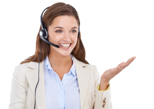 Woman, call center consultant and smile isolated on png or transparent background, CRM and contact us. Customer service agent, telemarketing sales job and happy female with headset and help desk