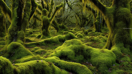 Naklejka na ściany i meble green moss on the rocks in woods, Generative AI