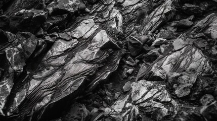 Black and white background. Volumetric black stone background. 3d effect. Rock texture. Granite mountain texture. Close-up
