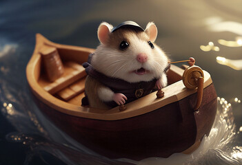Sad hamster sailor in a small boat. cartoon character. High quality photo
