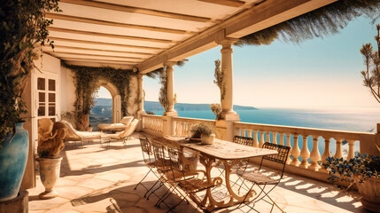 A stunning image of a luxurious summer villa with a sun-kissed terrace, offering an elegant and stylish vacation experience