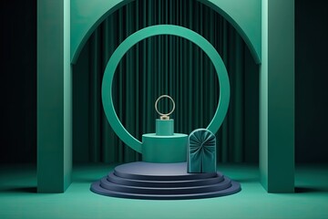 Illustration of a minimalist podium pedestal product display platform with a green cylinder as the background. Generative AI