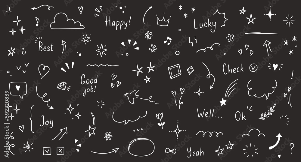 Wall mural Doodle cute glitter pen line elements chalkboard. Doodle heart, arrow, star, sparkle decoration symbol set icon. Simple sketch line style emphasis, attention, pattern elements. Vector illustration - Wall murals