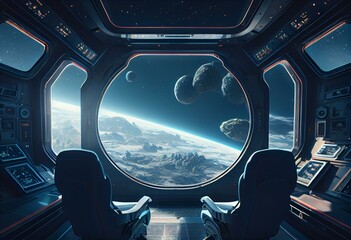 Dark blue spaceship futuristic interior with window view on planet Earth 3d rendering. Generative AI