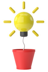 Light bulb in flower pot. 3D illustration.