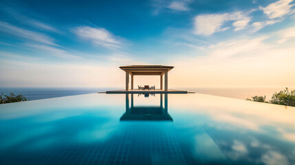 A captivating image of an upscale summer villa, featuring a breathtaking infinity pool merging with the vast ocean horizon