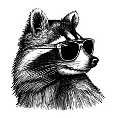 cool racoon wearing sunglasses sketch illustration  - obrazy, fototapety, plakaty
