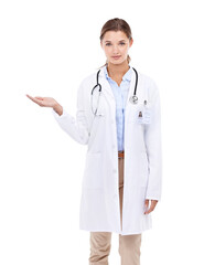 Woman doctor, empty space and hand presentation isolated on transparent, png background for healthcare product placement. Portrait of medical person with palm, advertising and expert advice or offer