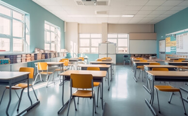 School classroom interior, desks and empty chairs, sunlight from windows. Generative AI