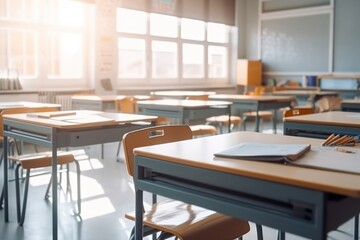 School classroom interior, desks and empty chairs, sunlight from windows. Generative AI