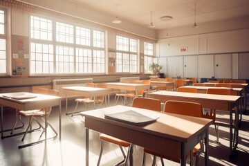 Fototapeta na wymiar School classroom interior, desks and empty chairs, sunlight from windows. Generative AI
