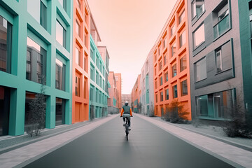 Obraz premium Cyclist riding bicycle in futuristic green sustainable city without cars AI generative illustration