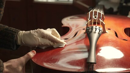 Closeup of unknown person working with gloves in luthier workshop repairing large stringed instrument or cello