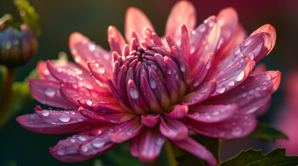 An enchanting close-up of a sunlit summer bloom with delicate dewdrops and radiant colors