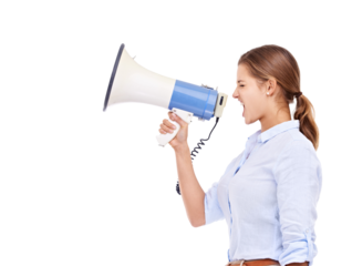 Megaphone, protest and woman isolated on a transparent, png background broadcast, justice and strong opinion or voice. Person, speaker or angry leader in politics, news and call to action with speech