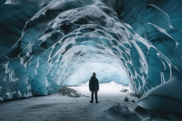 silhouette of a person in a cave of ice created with Generative AI technology