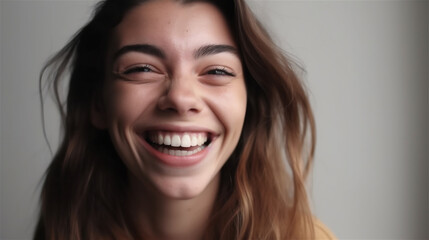 portrait of young woman with dark hair laughing showing teeth happy in front of background, generative ai, illustration