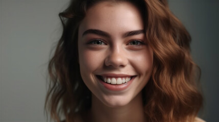 portrait of young woman with dark hair laughing showing teeth happy in front of background, generative ai, illustration