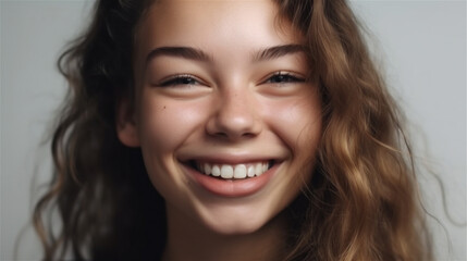 portrait of young woman with dark hair laughing showing teeth happy in front of background, generative ai, illustration