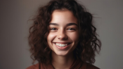 portrait of young woman with dark curly hair laughing showing teeth happy in front of background, generative ai, illustration
