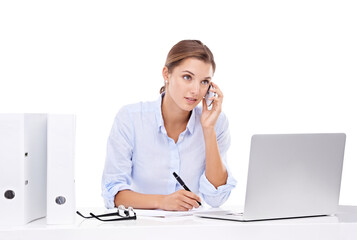 Phone call, writing and laptop of woman isolated on transparent, png background for busy, business planning. Professional person or secretary talking with career notes, computer and office help desk - obrazy, fototapety, plakaty