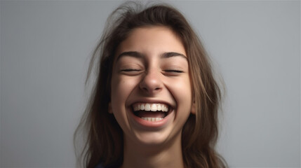 portrait of young woman with dark hair laughing showing teeth happy in front of background, generative ai, illustration