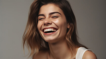 portrait of young woman with dark hair laughing showing teeth happy in front of background, generative ai, illustration