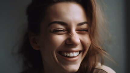 portrait of young woman with dark hair laughing showing teeth happy in front of background, generative ai, illustration