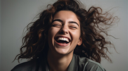 portrait of young woman with dark curly hair laughing showing teeth happy in front of background, generative ai, illustration