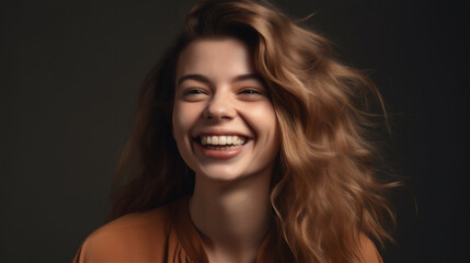 portrait of young woman with blonde hair laughing showing teeth happy in front of background, generative ai, illustration