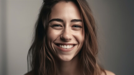 portrait of young woman with dark hair laughing showing teeth happy in front of background, generative ai, illustration