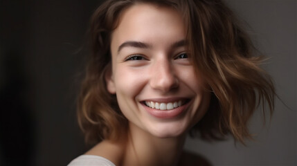 portrait of young woman with dark hair laughing showing teeth happy in front of background, generative ai, illustration