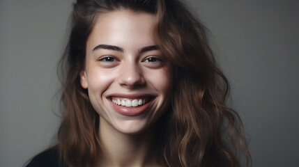 portrait of young woman with dark hair laughing showing teeth happy in front of white background, generative ai, illustration