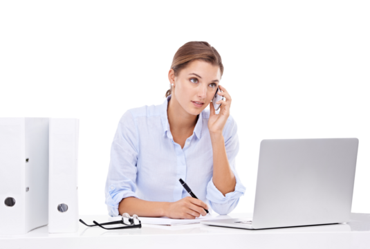 Phone call, writing and laptop of woman isolated on transparent, png background for busy, business planning. Professional person or secretary talking with career notes, computer and office help desk