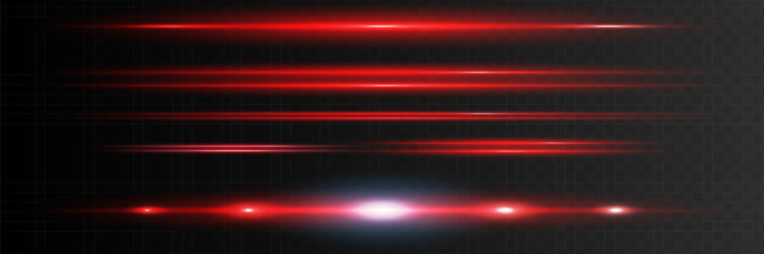Red horizontal lens flares pack. Laser beams, horizontal light rays.Beautiful light flares. Glowing streaks on dark background. Luminous abstract sparkling lined background