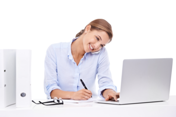 Happy woman writing, phone call and laptop isolated on transparent, png background busy, business planning. Professional person or secretary talking, multitask notes and computer at office help desk