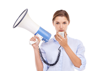 Megaphone, portrait and serious woman with message on isolated, transparent and png background. Microphone, announcement and face of stern female speaker for justice, change and protest warning
