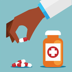 Vector human hand holding pill between fingers. Illustration in a flat style. Medical treatment and healthcare
